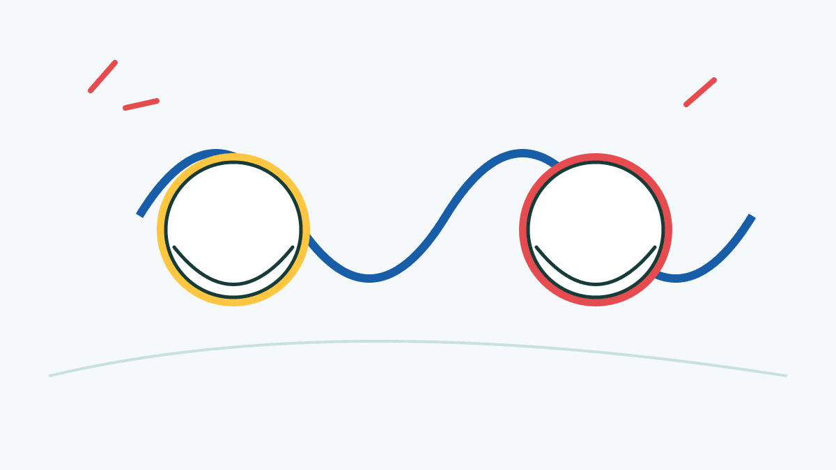 Two separate frame-drum forms connected by a flowing line, an editorial illustration.